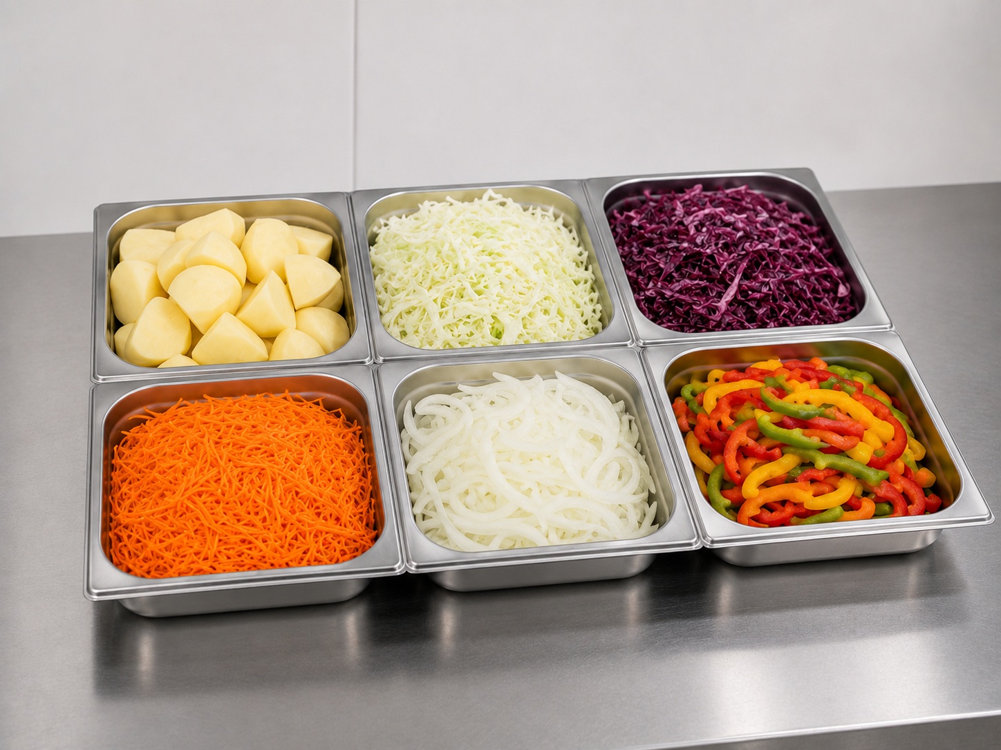 Prepared vegetables on a stainless steel prep bench at Fresh Prep Veg in Northampton