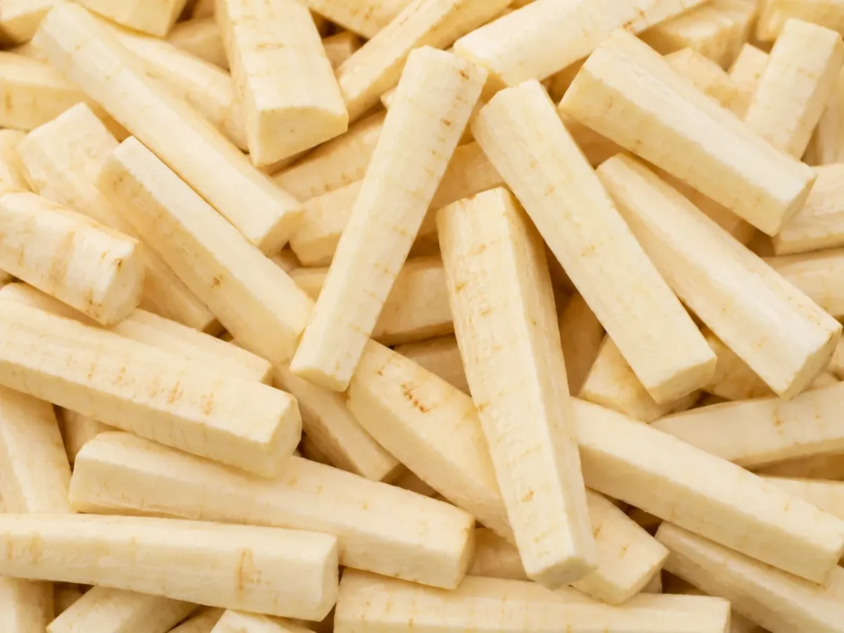 Freshly prepared baton cut parsnips