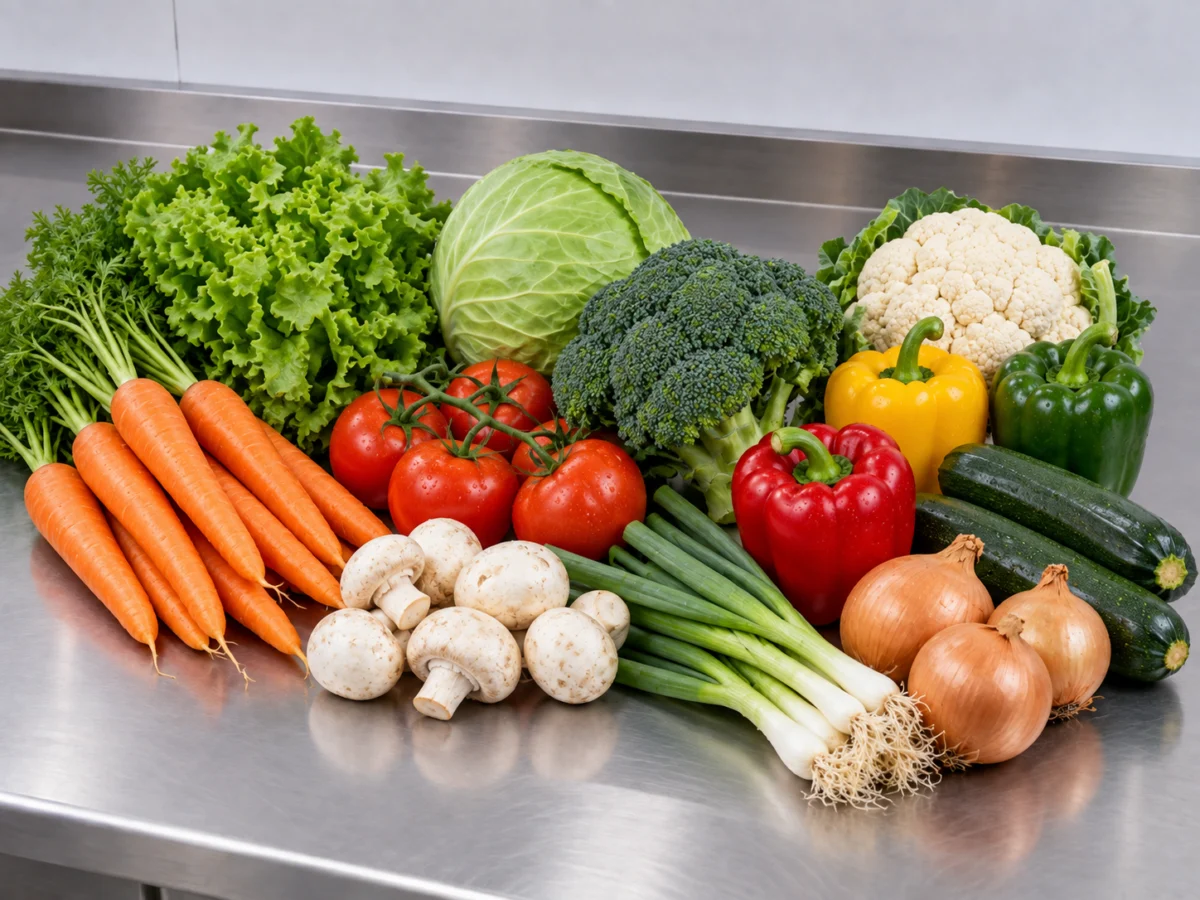 Fresh vegetables displayed on a stainless-steel worktop in Northampton
