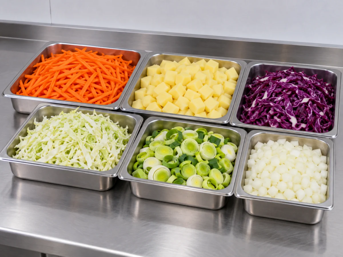 Prepared vegetables in catering trays on a stainless-steel worktop in Northampton