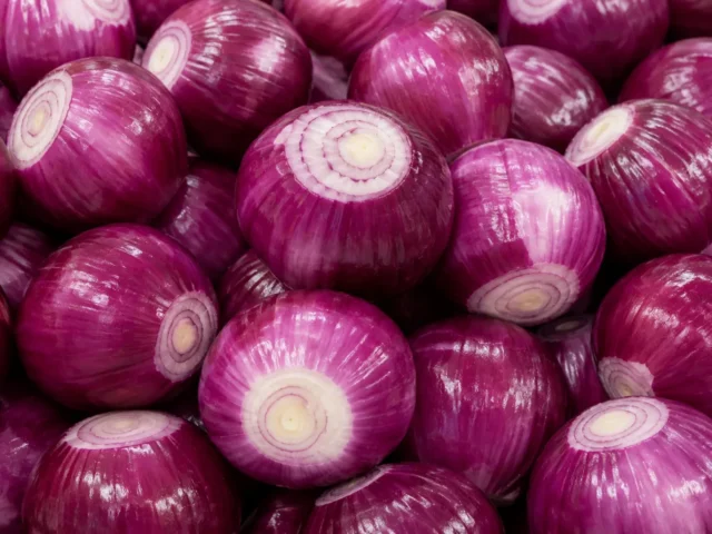 Freshly prepared whole peeled red onions